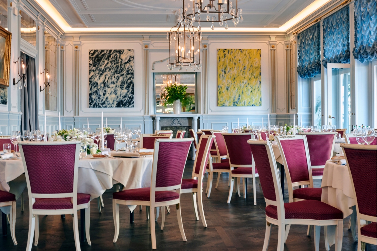 a room with tables and chairs