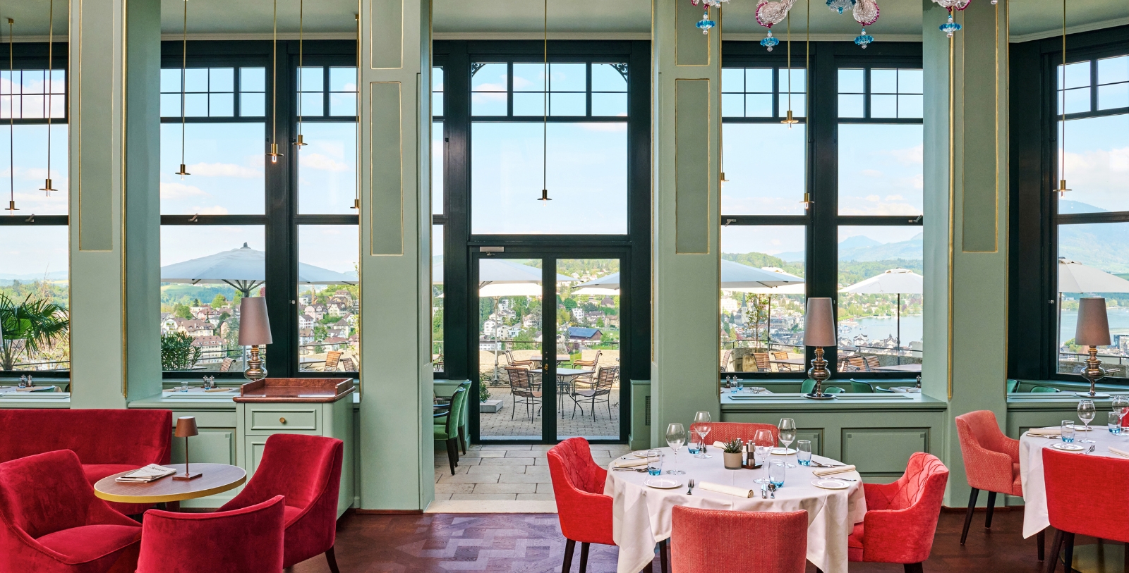 a room with tables and chairs