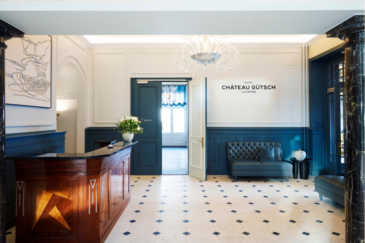 a reception desk in a hotel