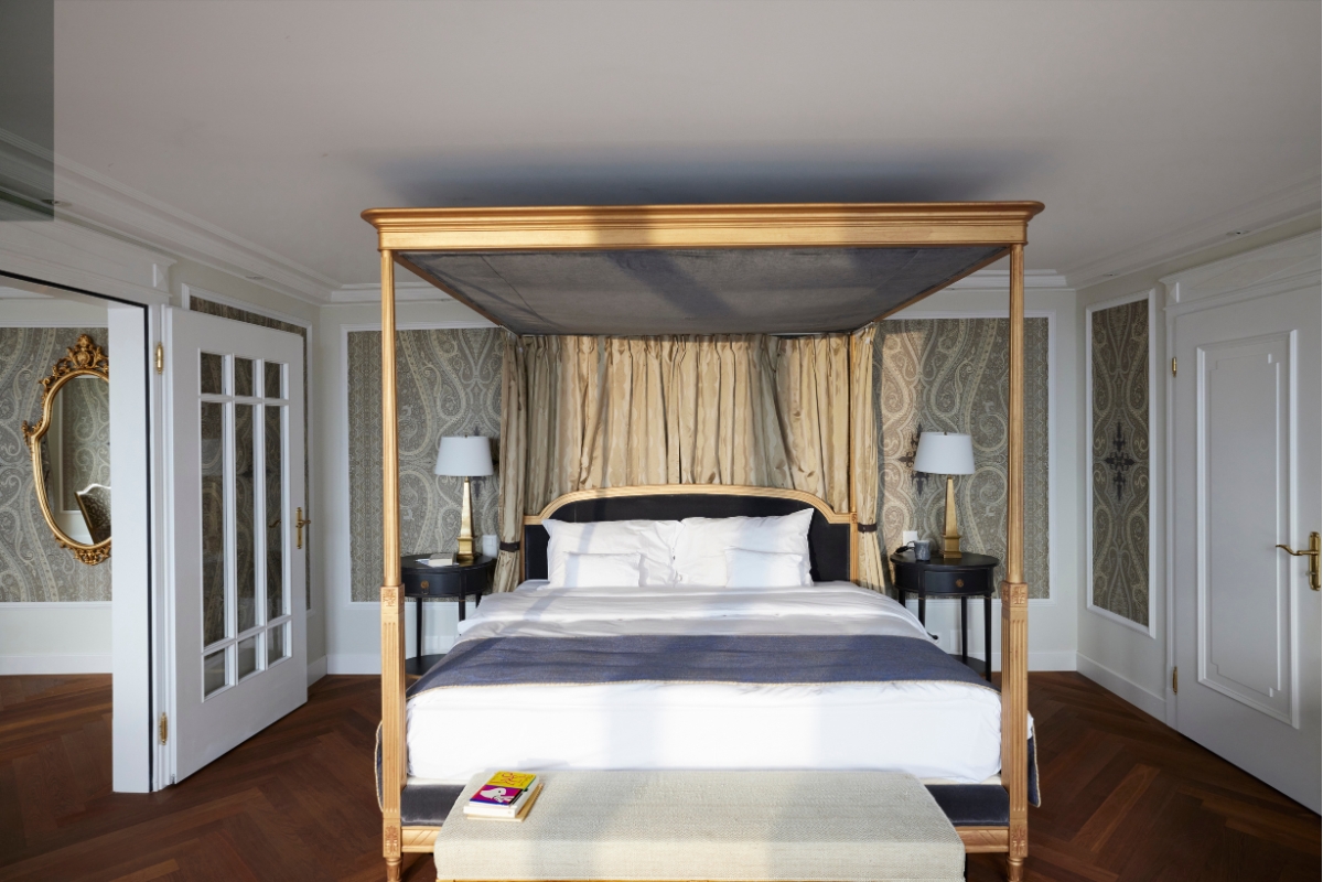 a bed with a canopy over it
