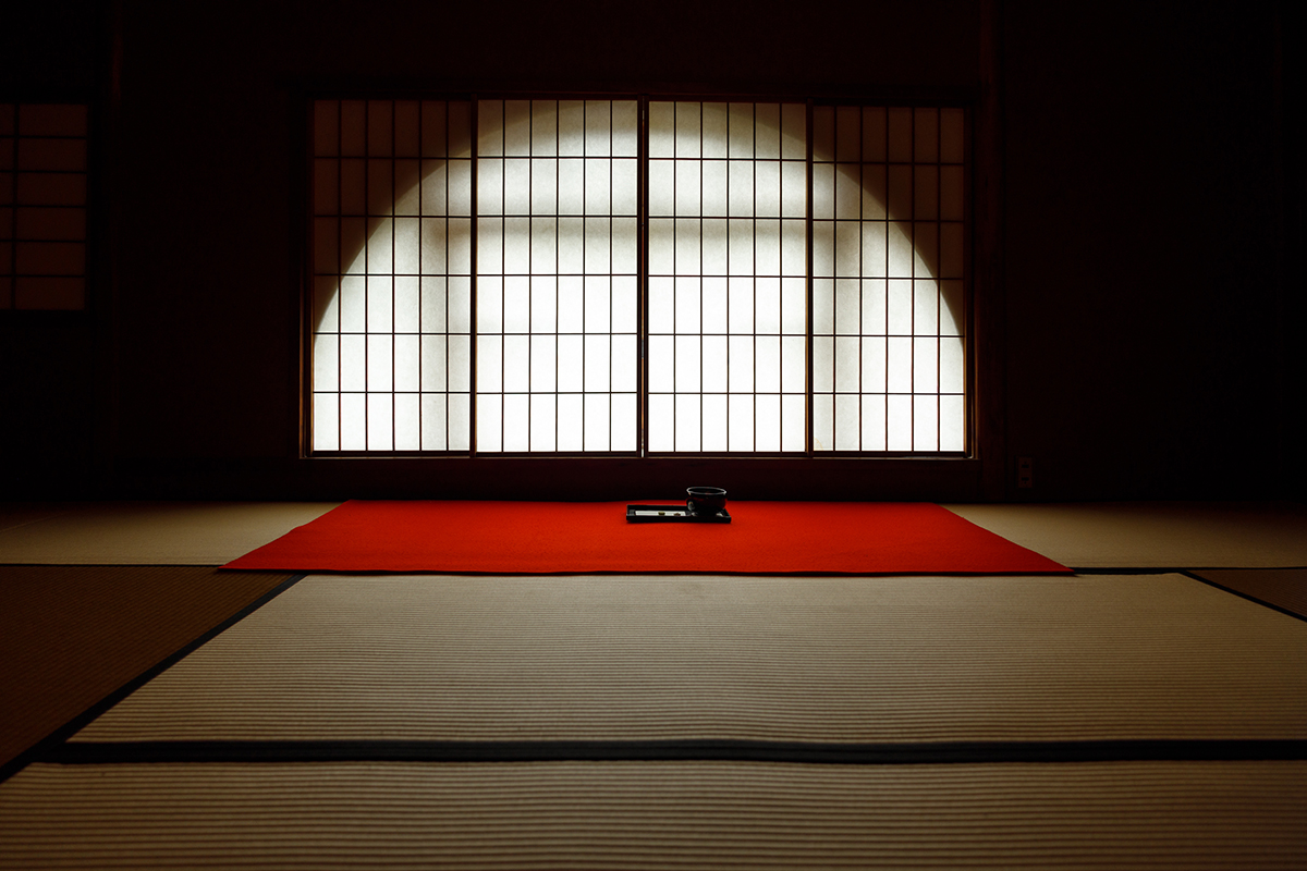 a room with a red mat and a black object on it