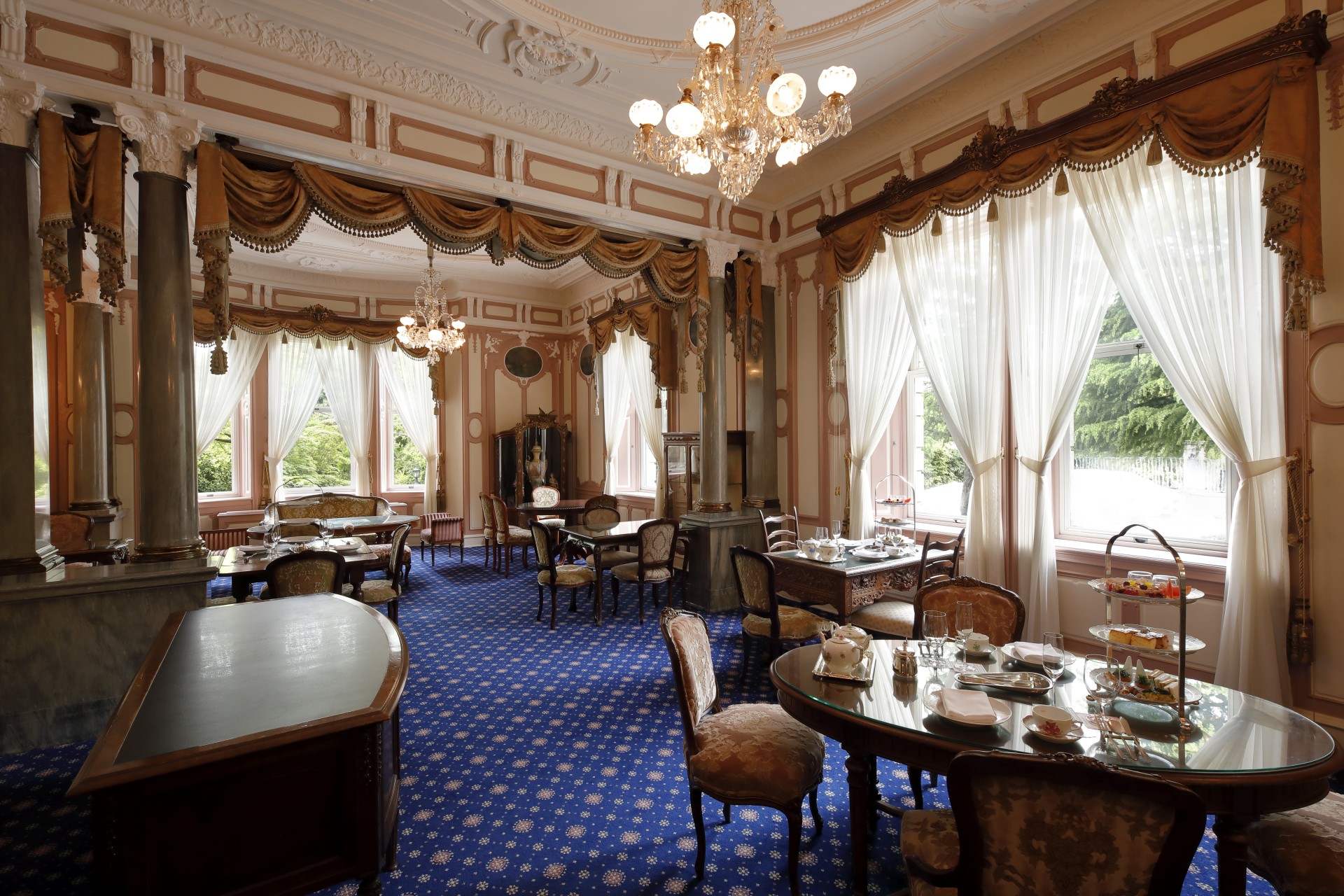 a room with tables and chairs
