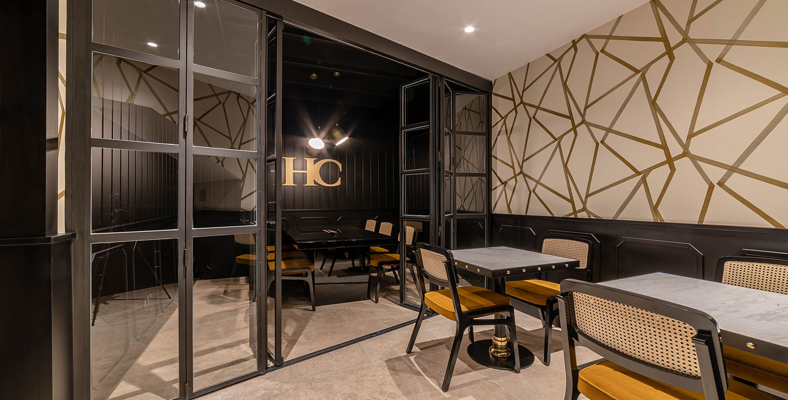 a room with a table and chairs