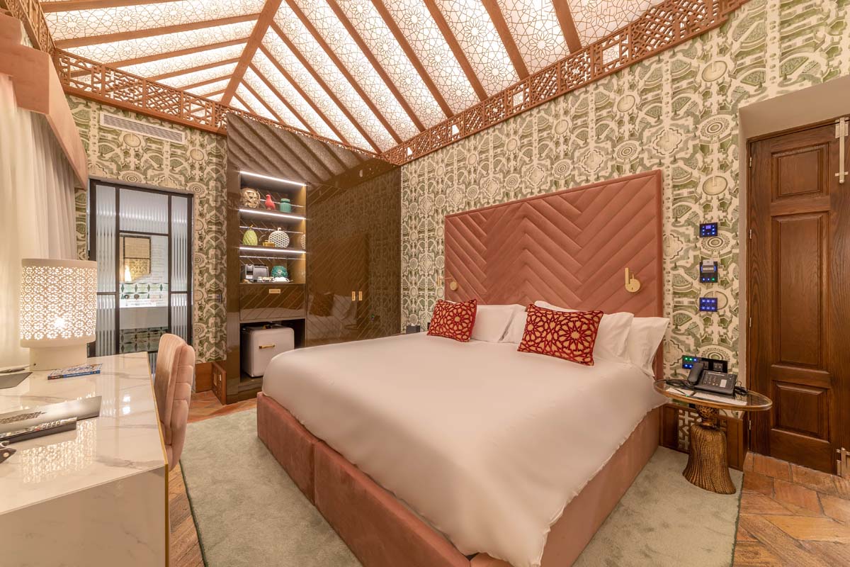 a room with a bed and a table