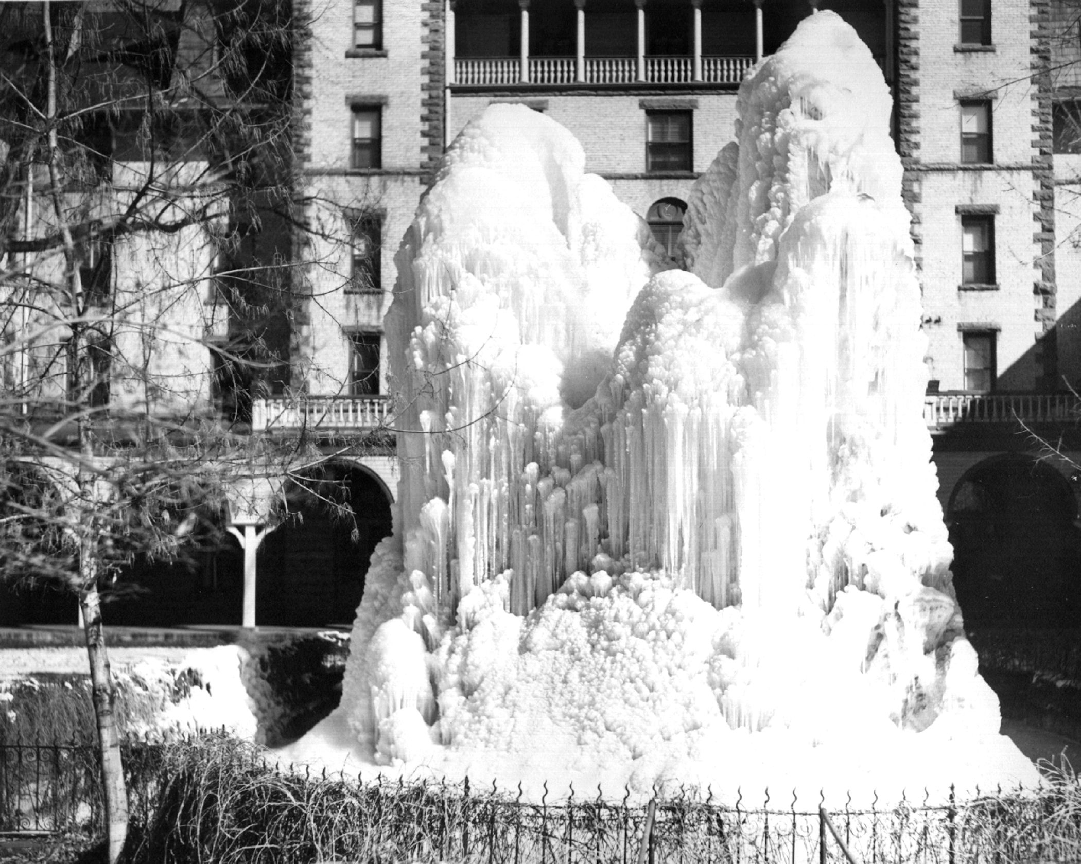 a large ice fountain in front of a building