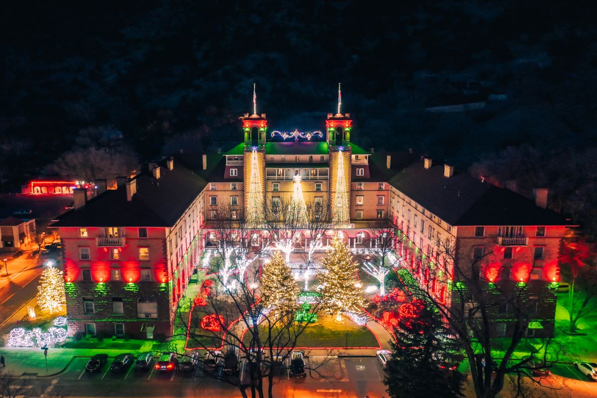 a building with lights on it