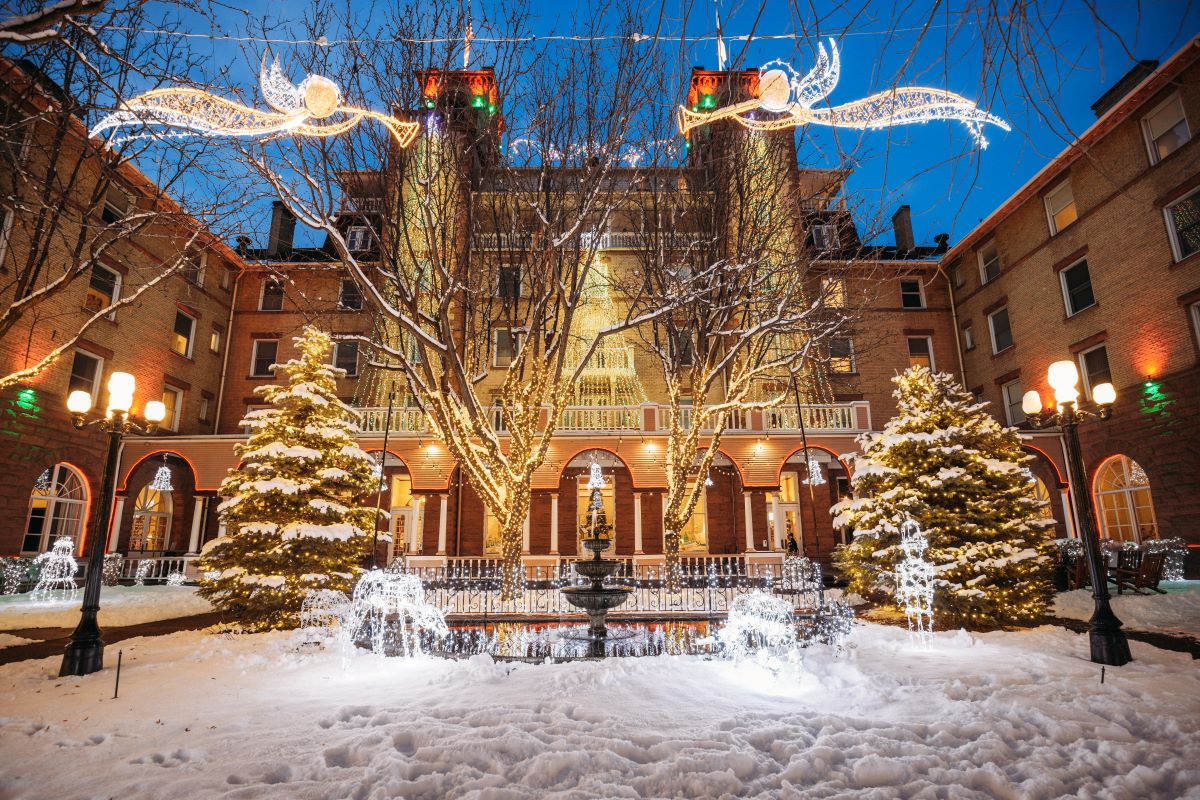 a building with trees and lights