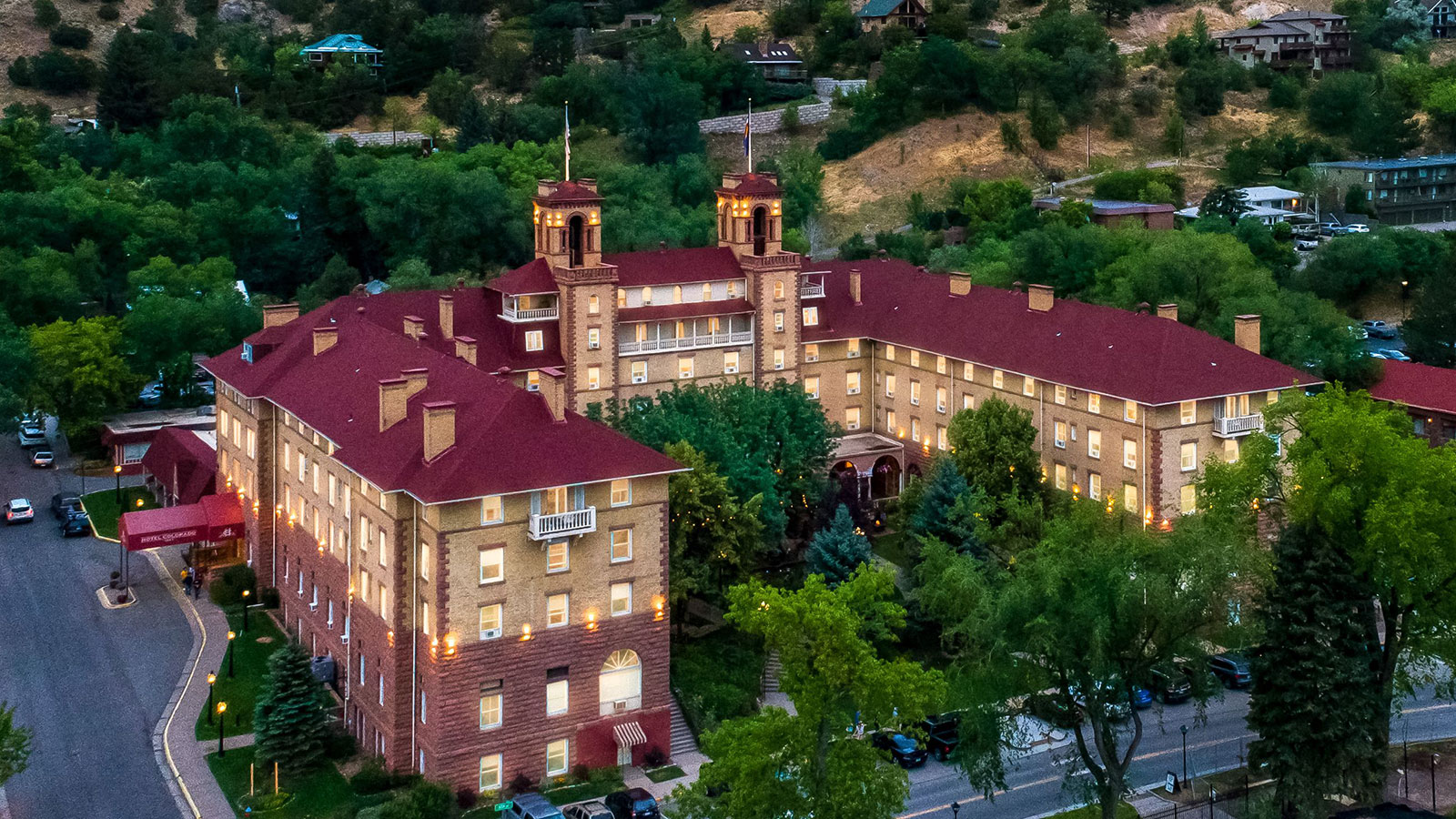 a large building with trees around it