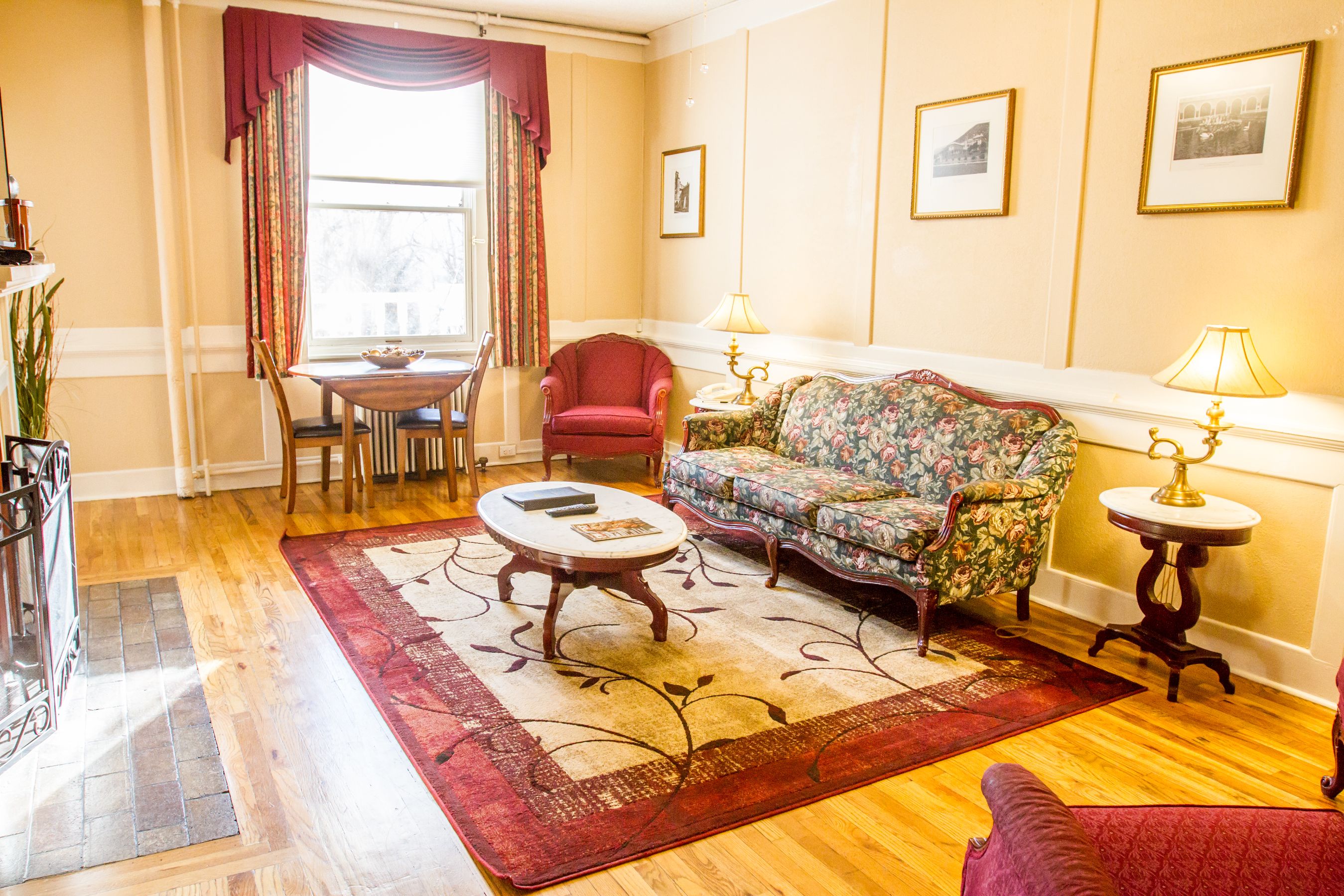 a living room with a couch and a table