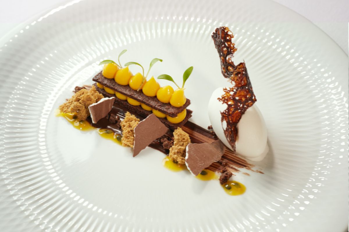 a plate of dessert on a white plate