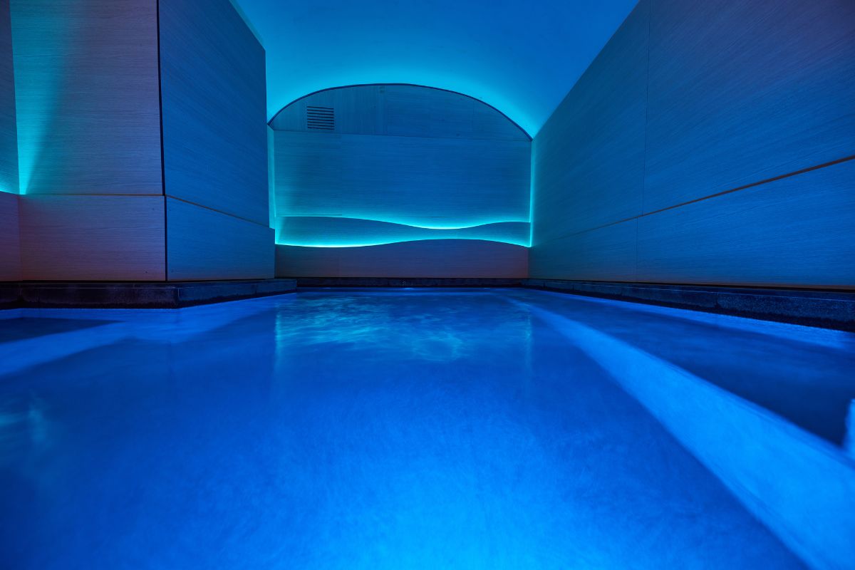 a pool with blue lights