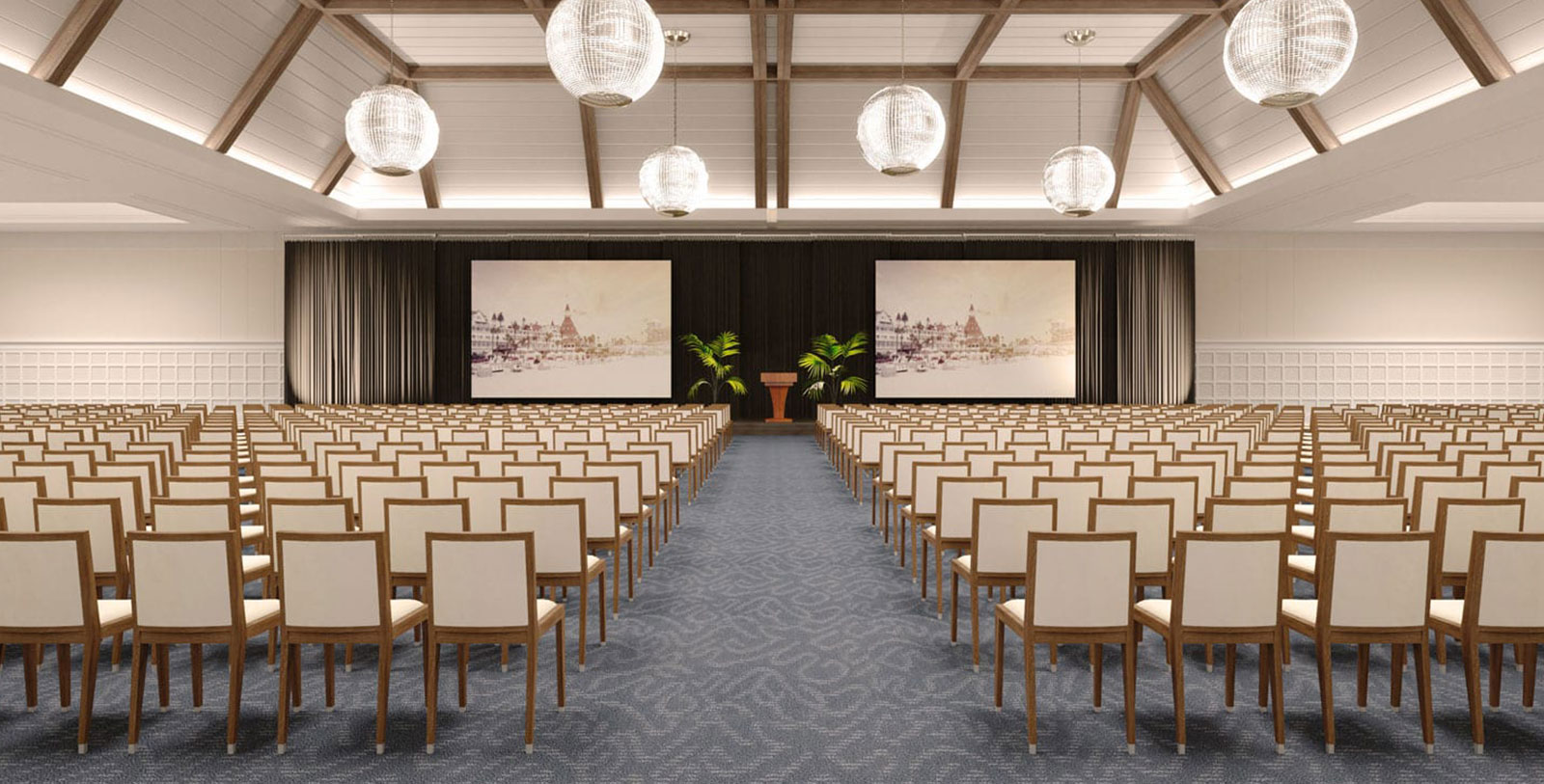 a room with chairs and a podium