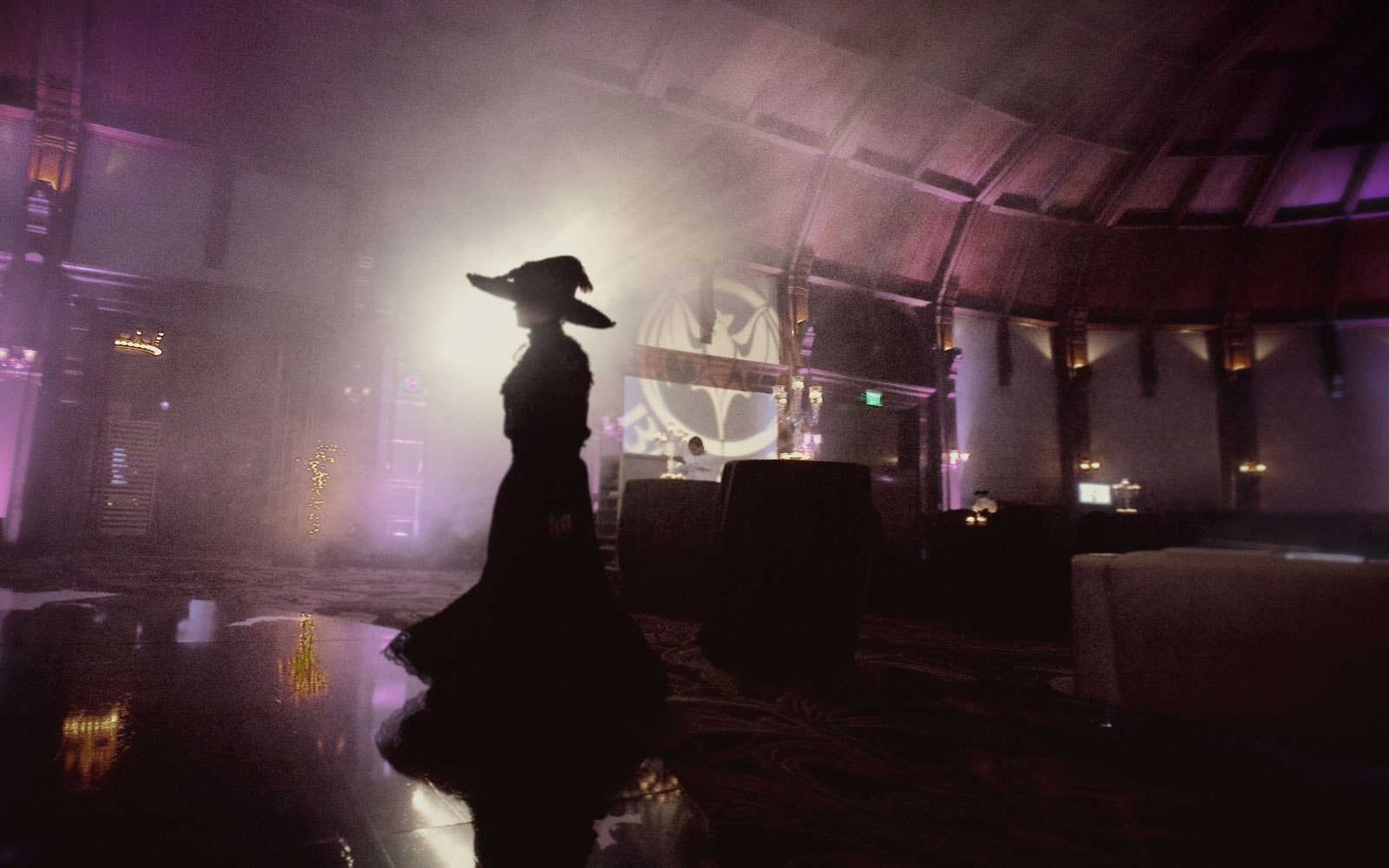 a silhouette of a woman in a dress and hat