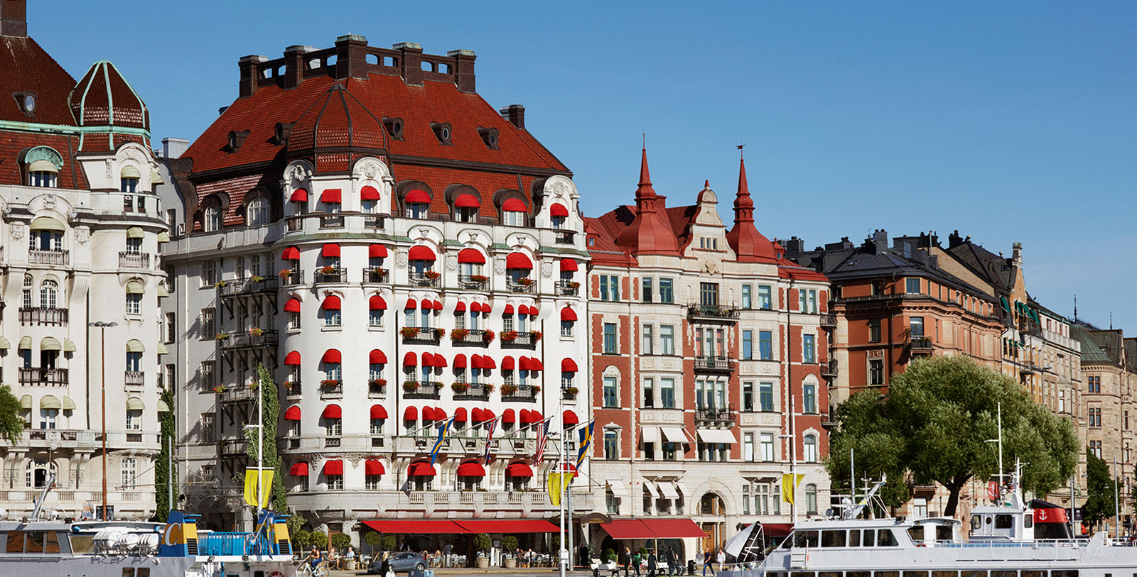 a building with red and white windows
