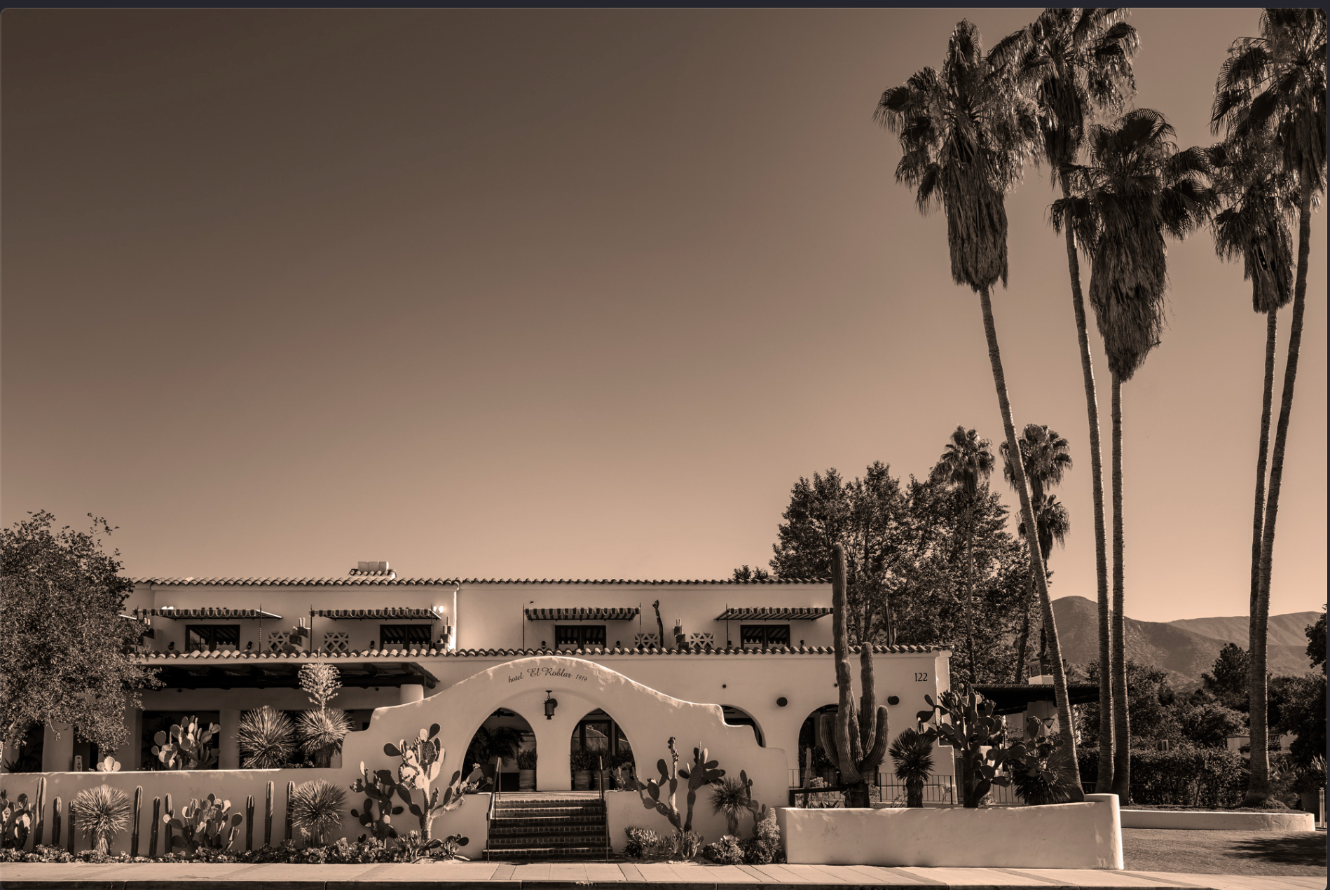 a white building with palm trees and a staircase