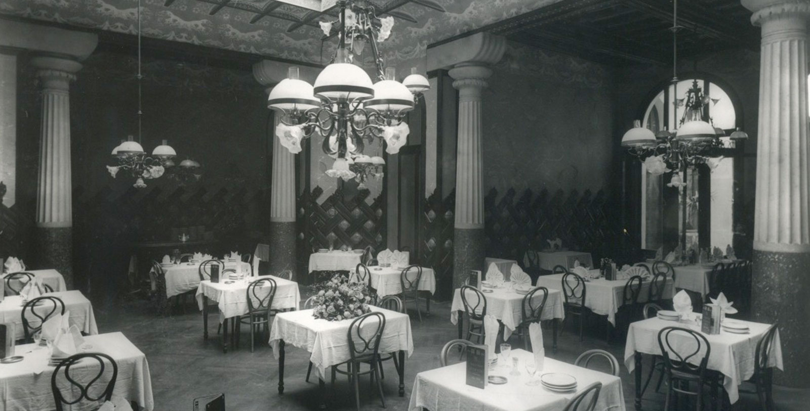 a room with tables and chairs