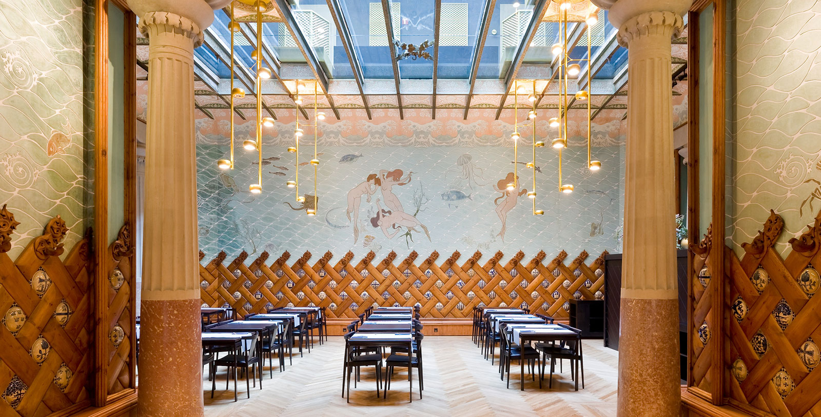 a room with tables and chairs