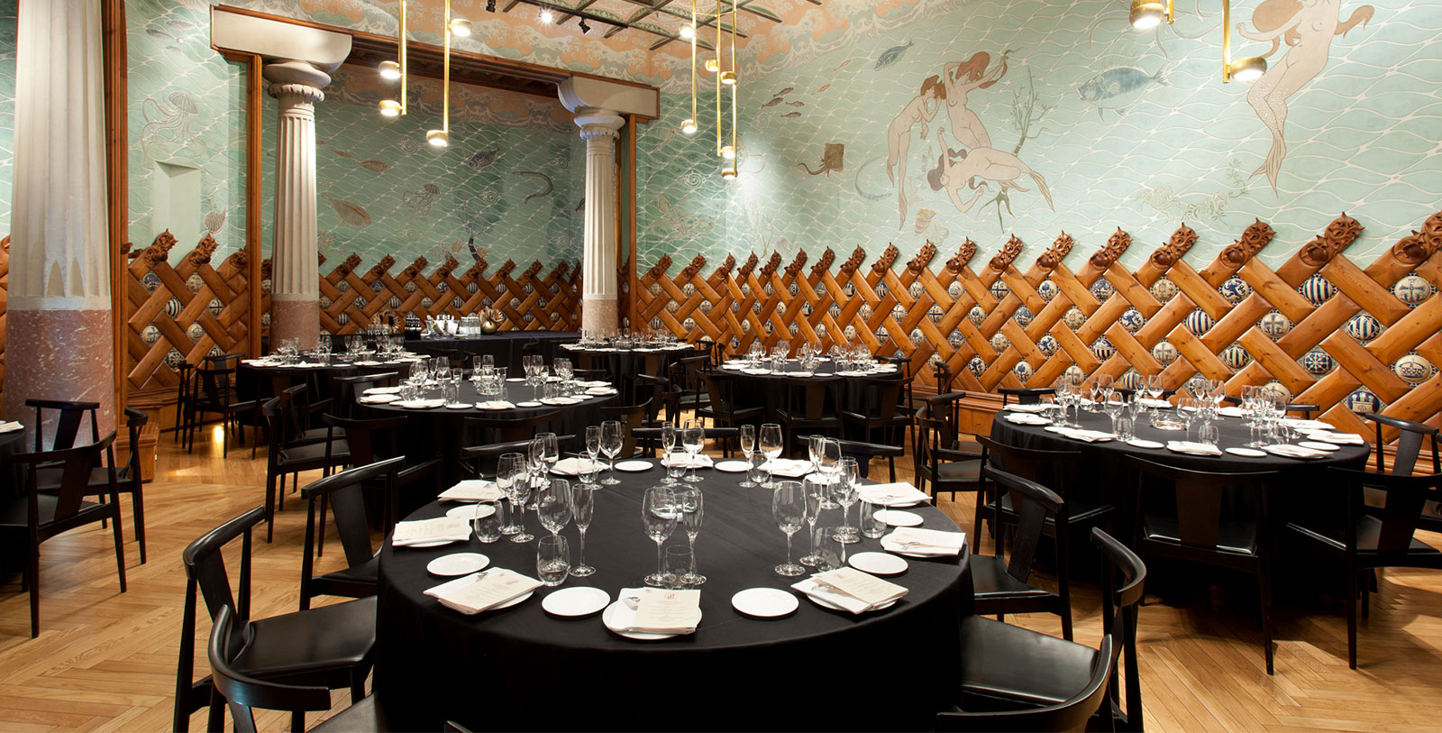 a room with tables and chairs