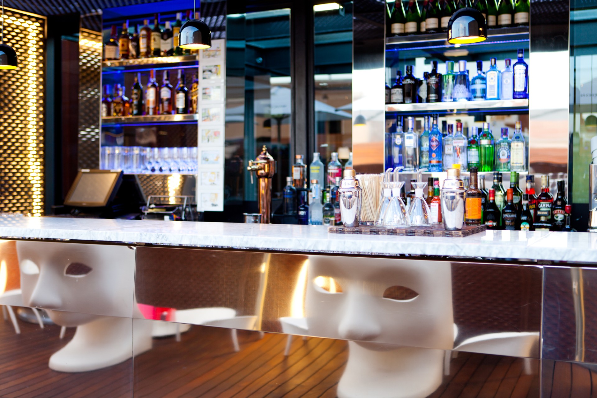 a bar with a white mask on the counter