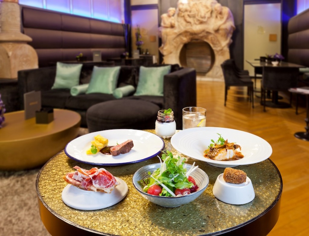 a table with plates of food on it