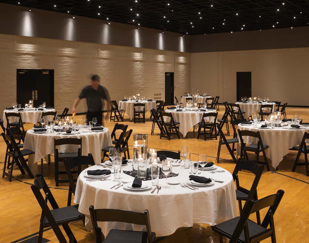 a room with tables and chairs