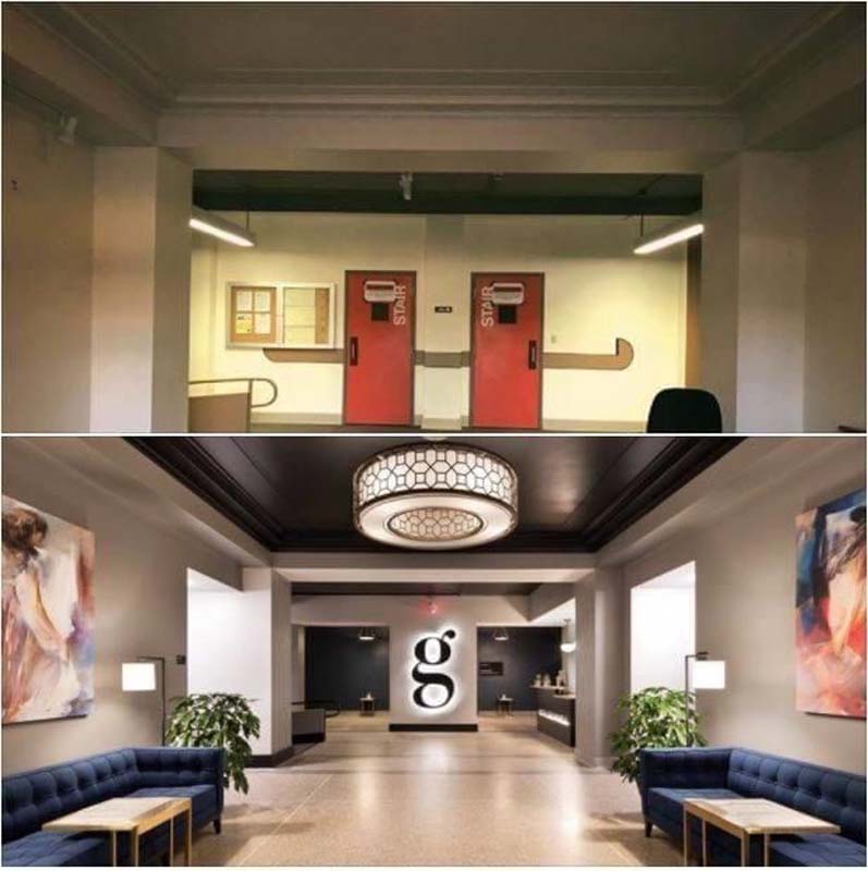 a collage of a room with a couple of red doors