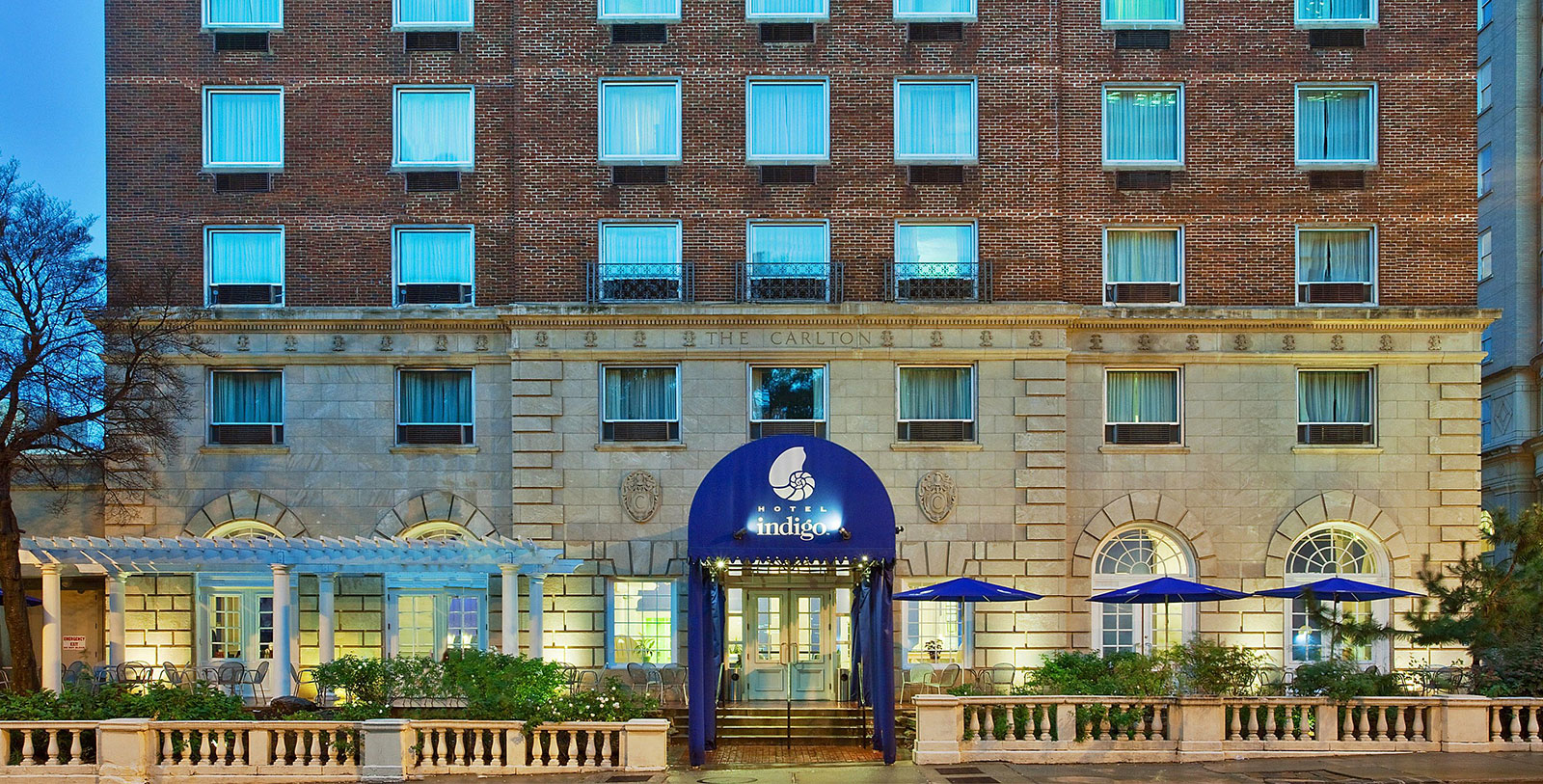 a front view of a hotel