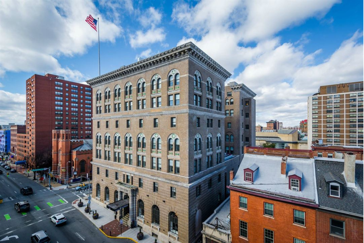 a building with a flag on top