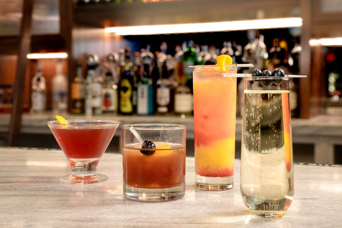 a group of drinks on a counter