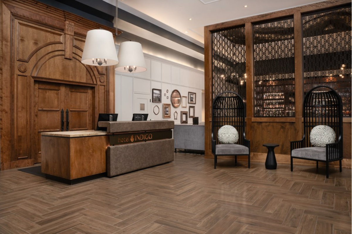 a reception desk in a hotel