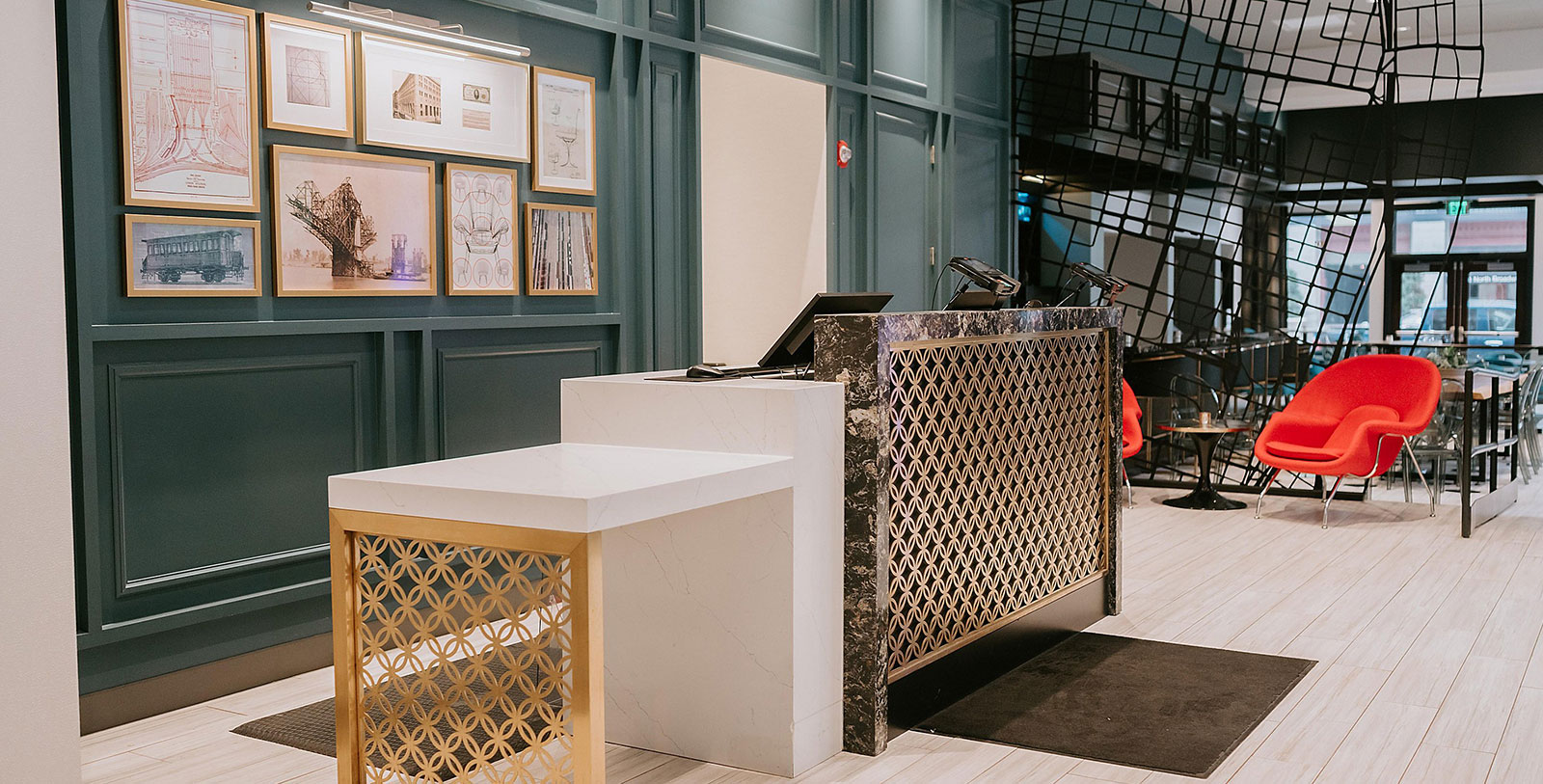 a reception desk in a hotel