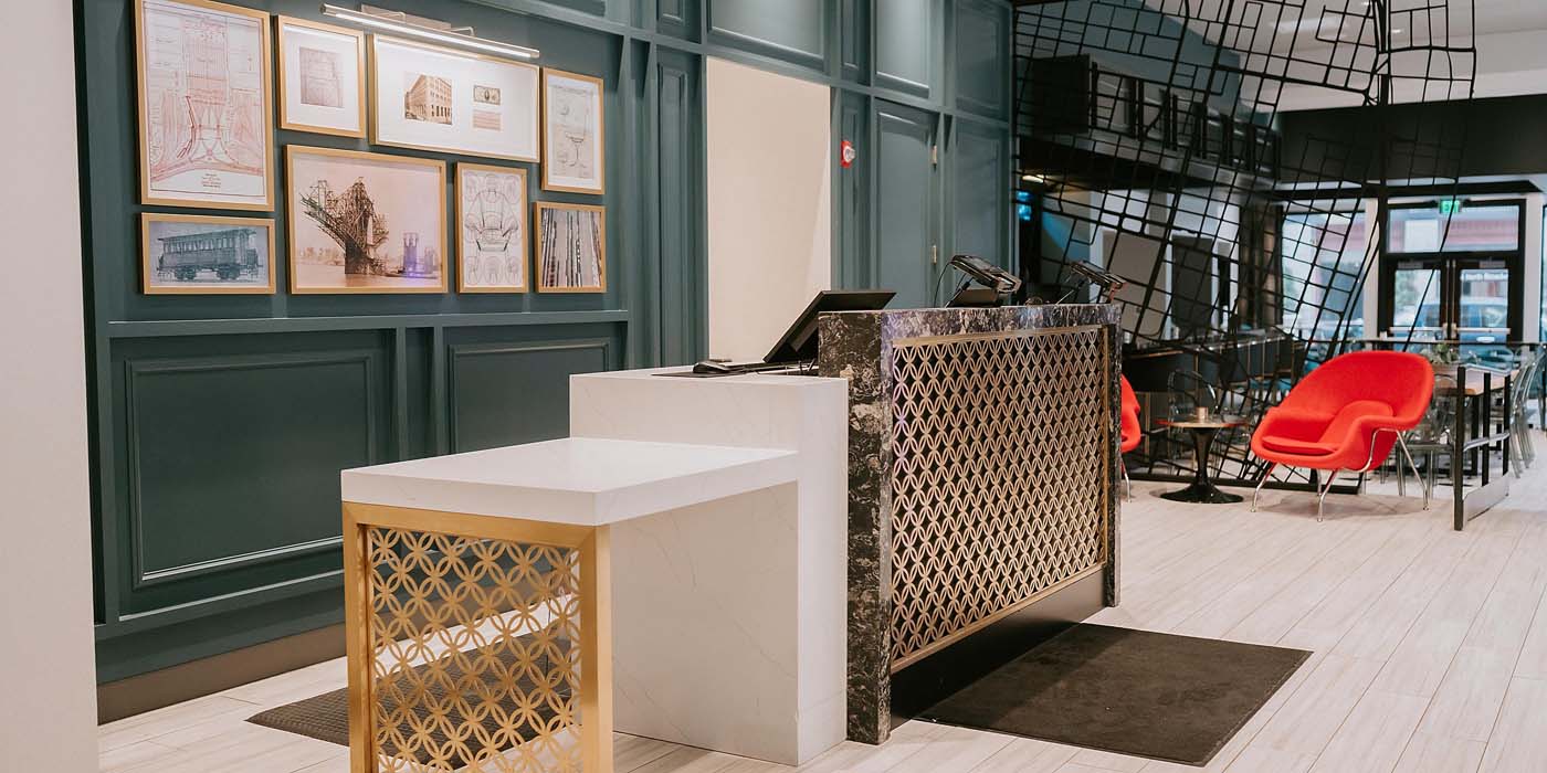 a reception desk in a hotel
