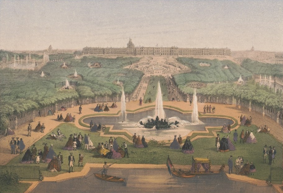 a drawing of a garden with a fountain and people