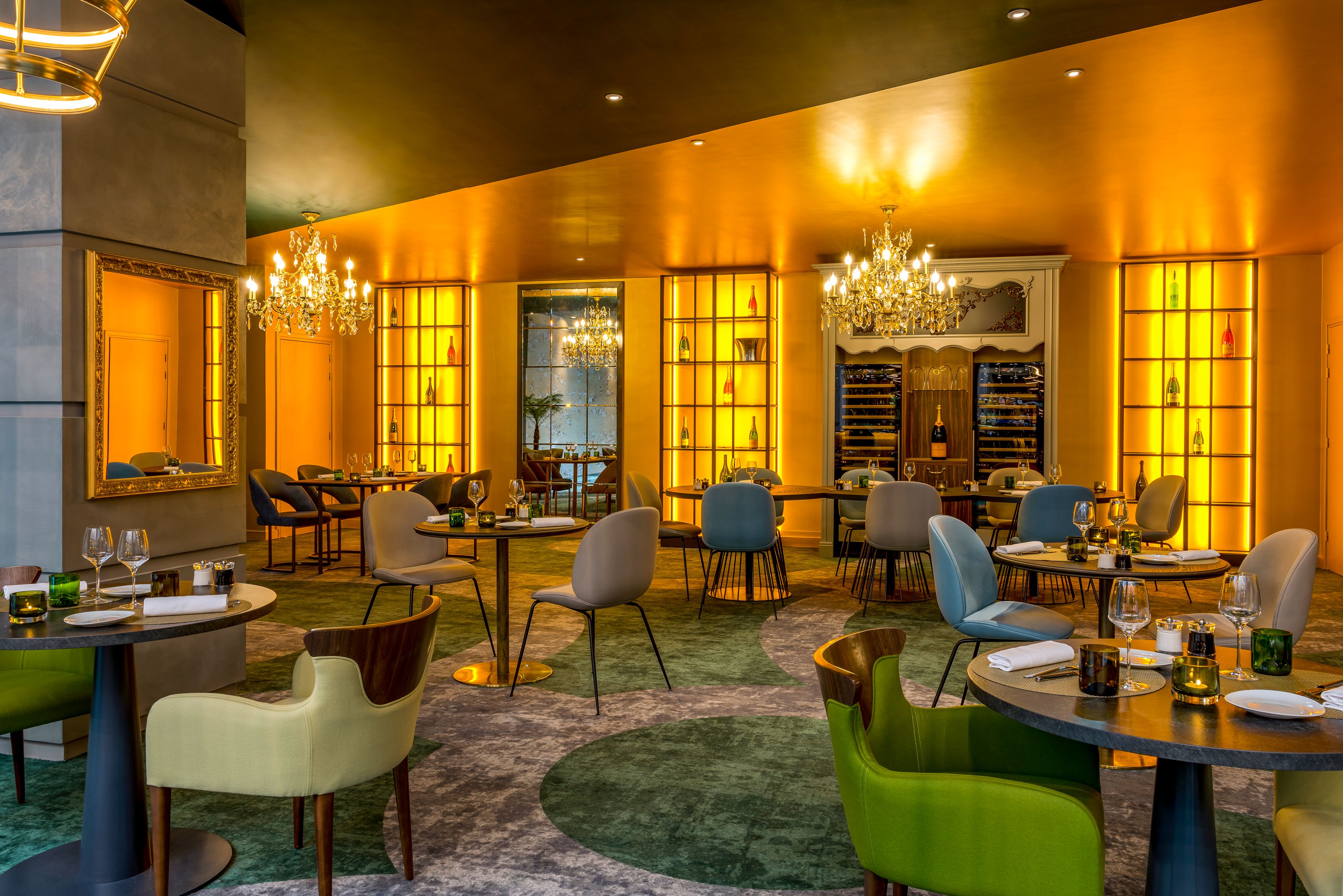 a room with tables and chairs