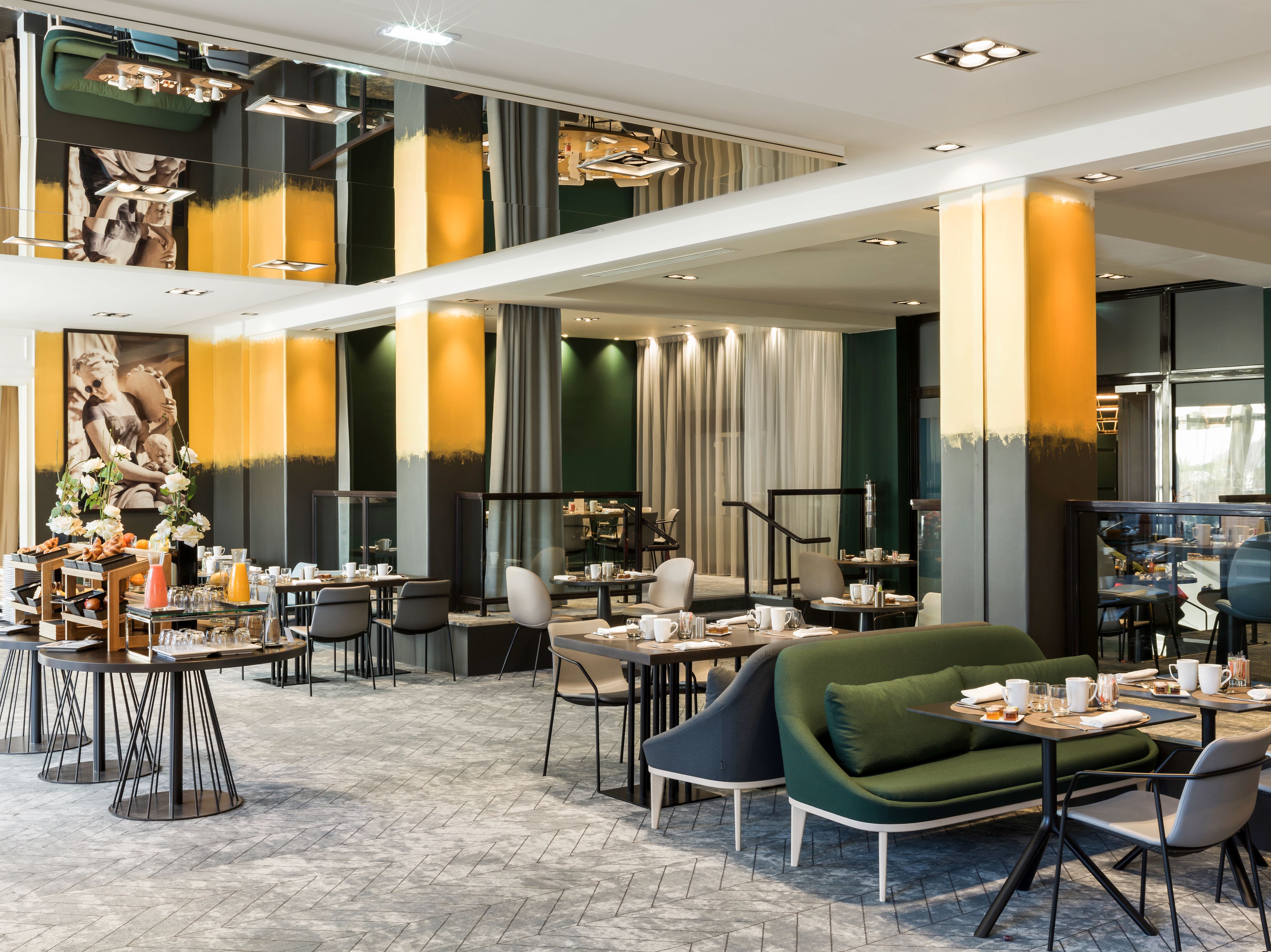 a room with tables and chairs