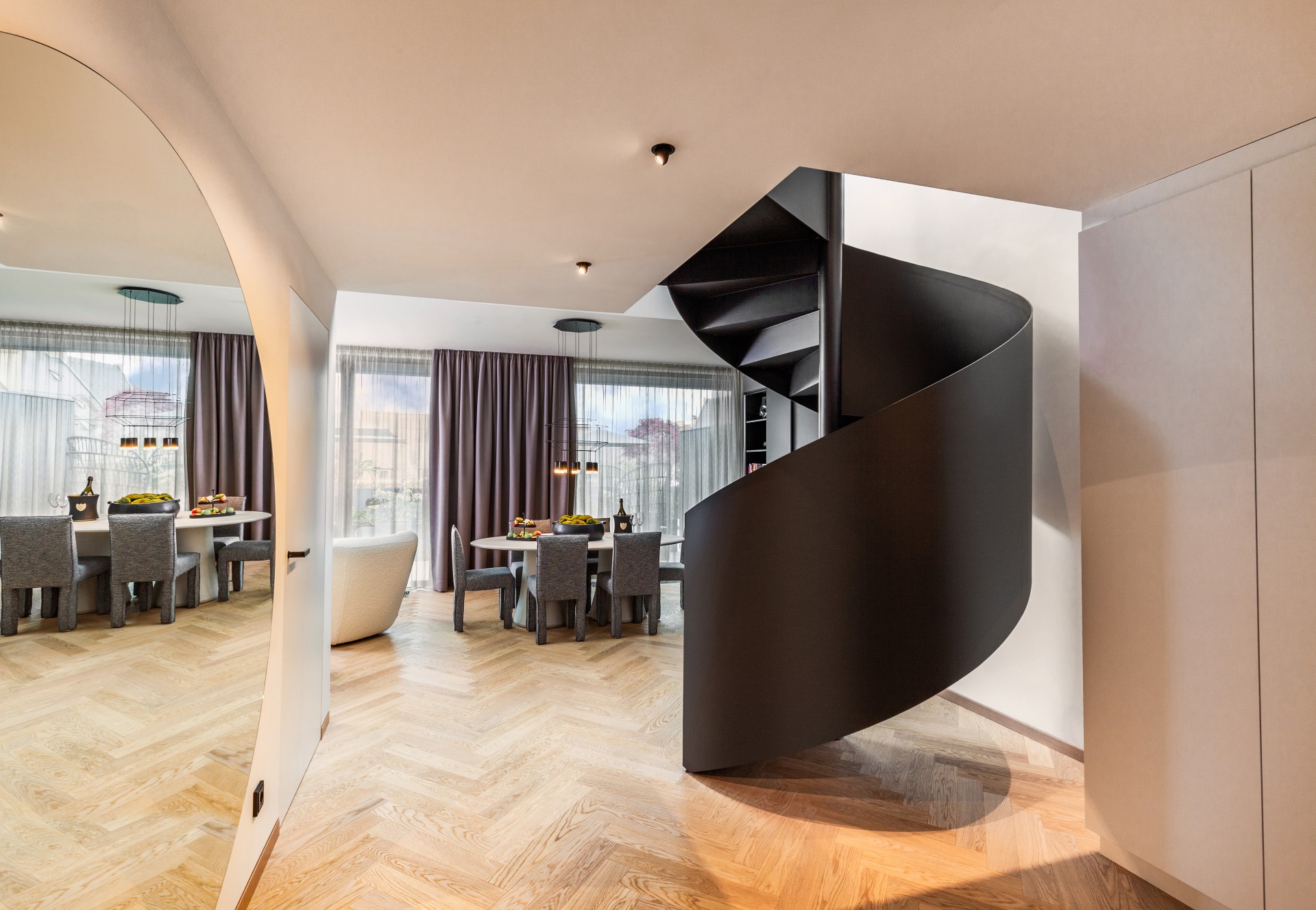 a spiral staircase in a room