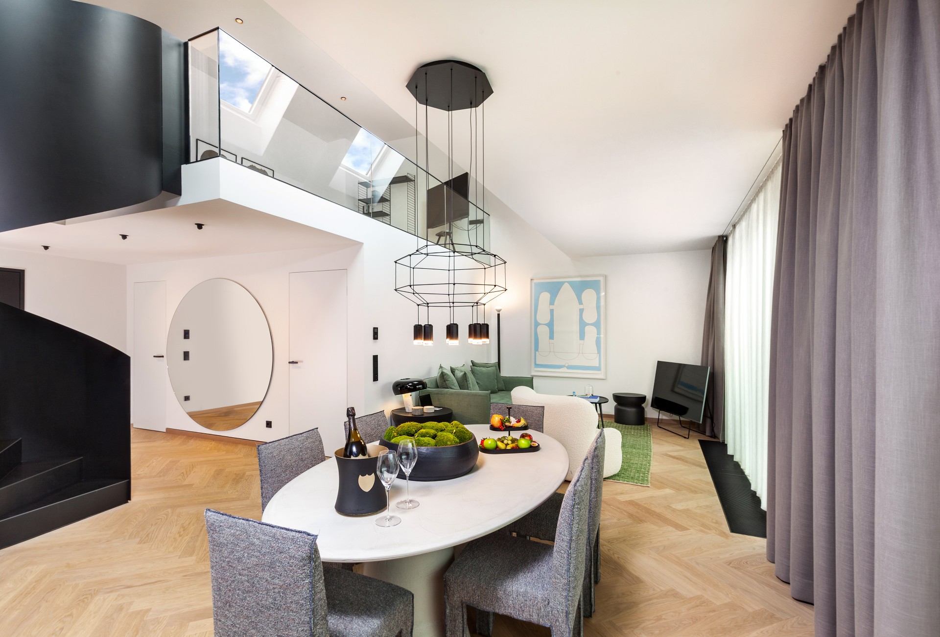 a room with a table and chairs