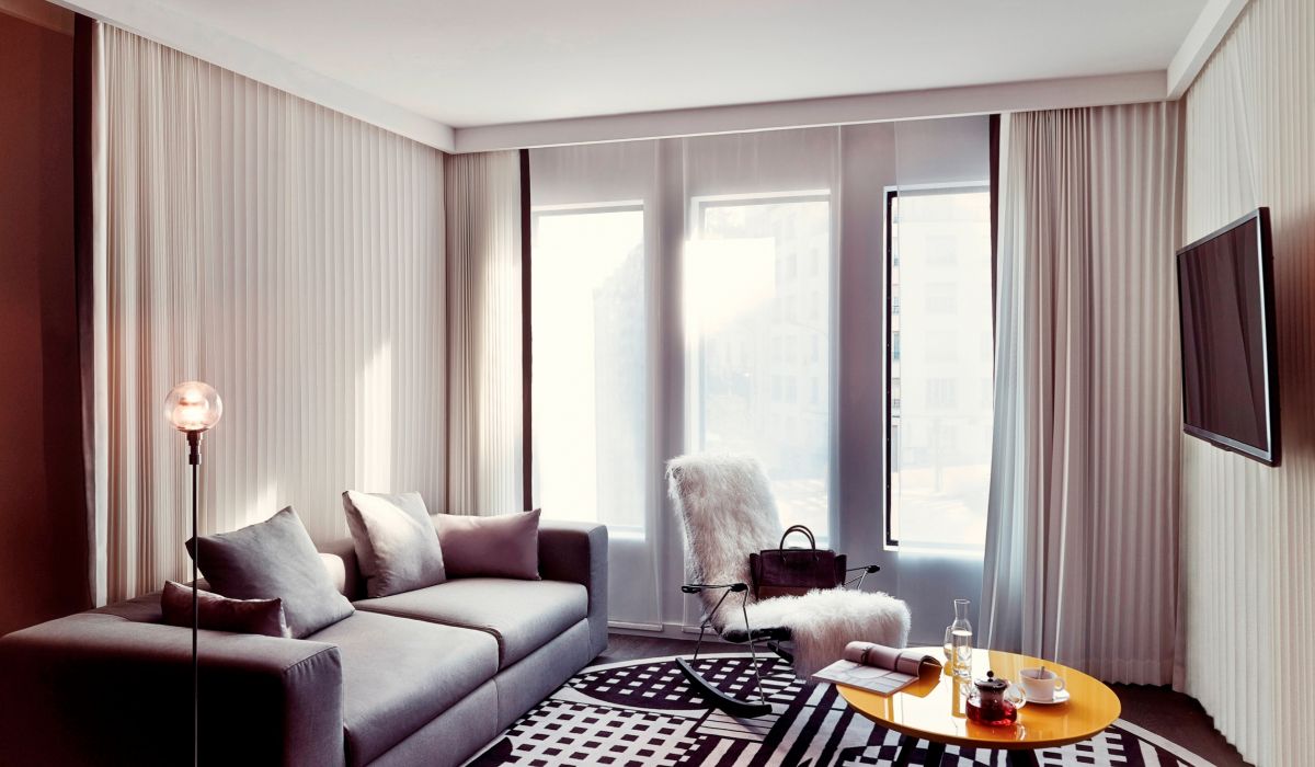 a living room with a couch and a coffee table