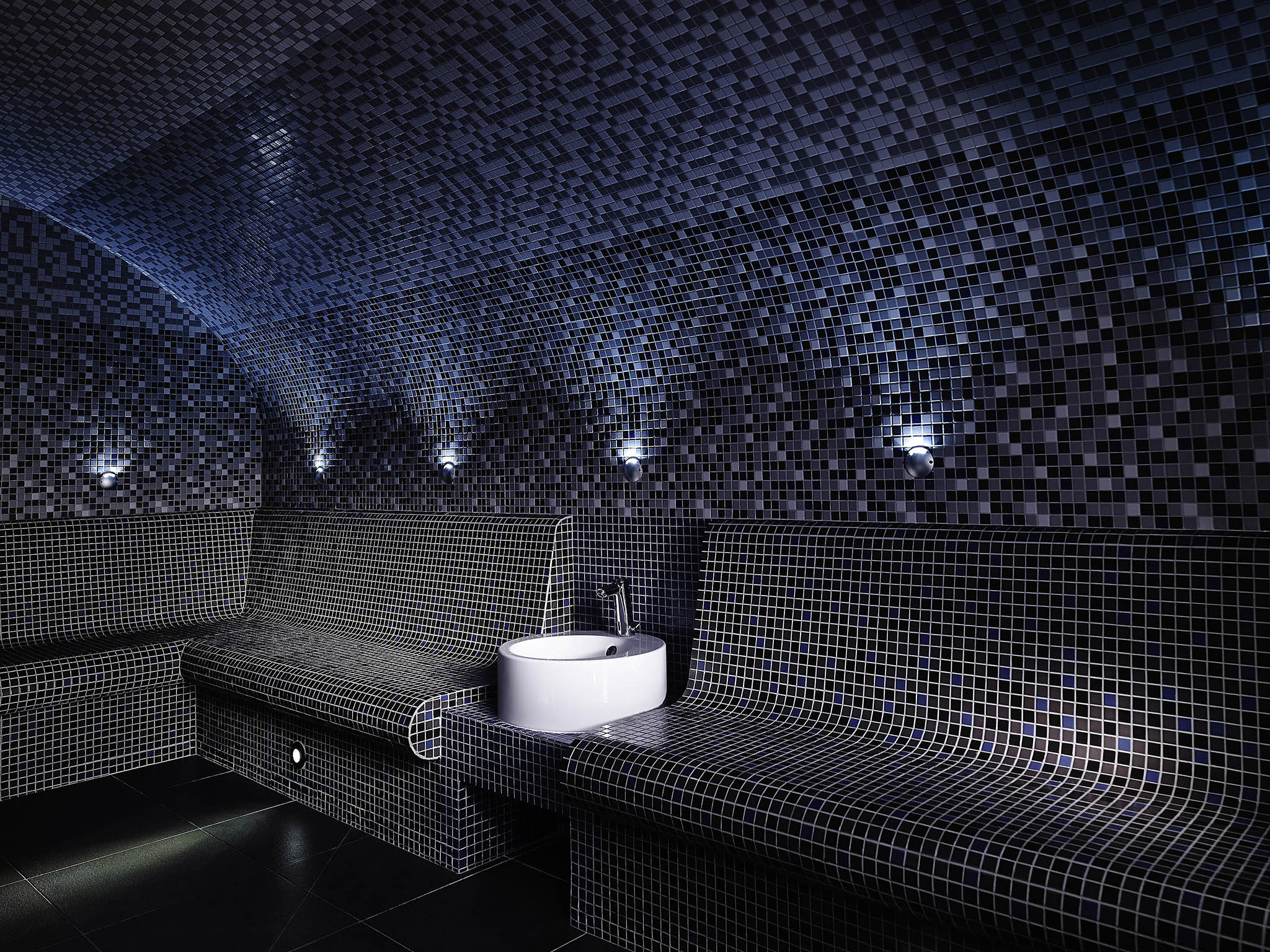 a black and white tiled bathroom