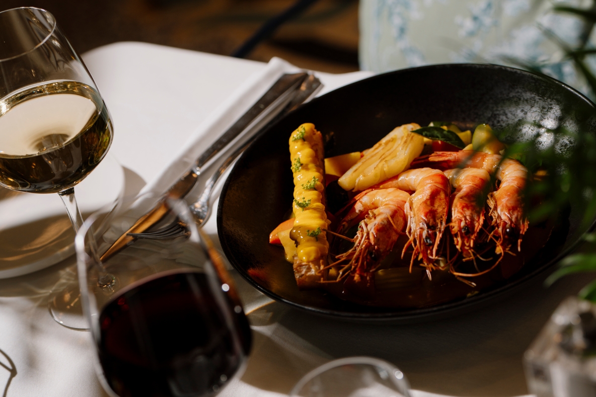 a plate of food and a glass of wine