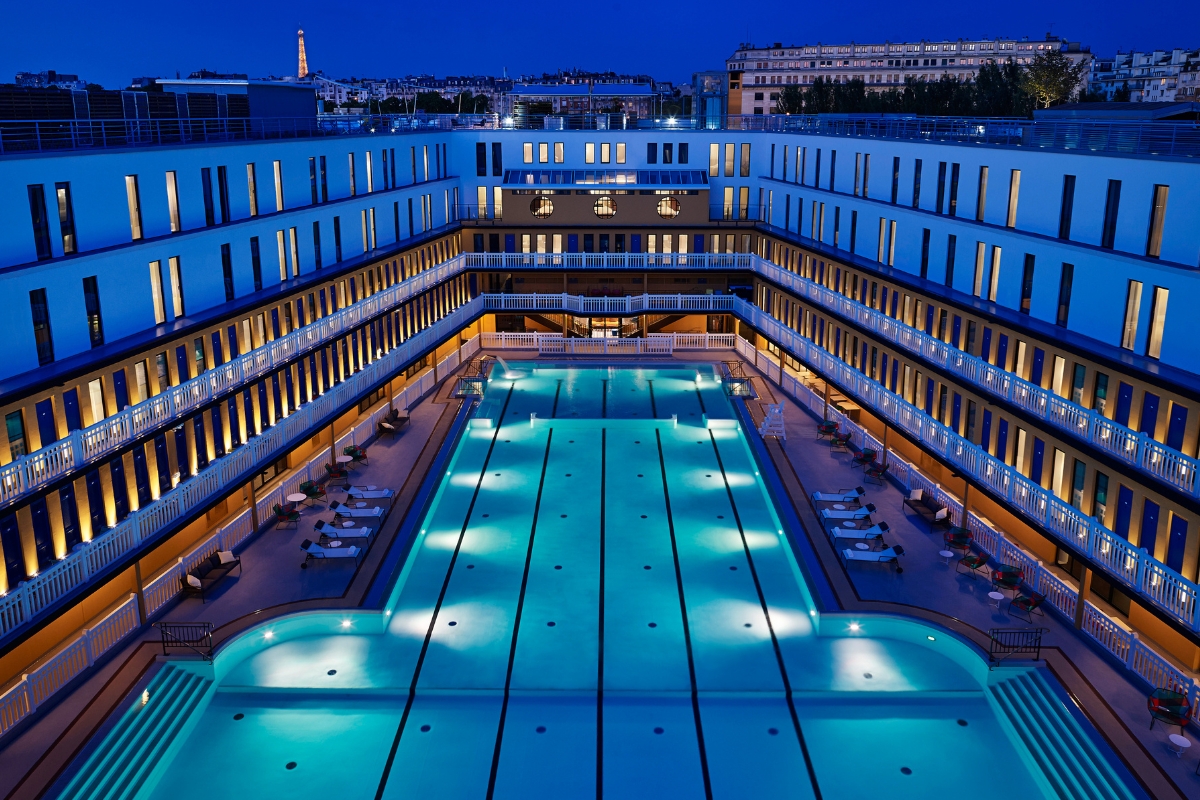 a swimming pool in a building