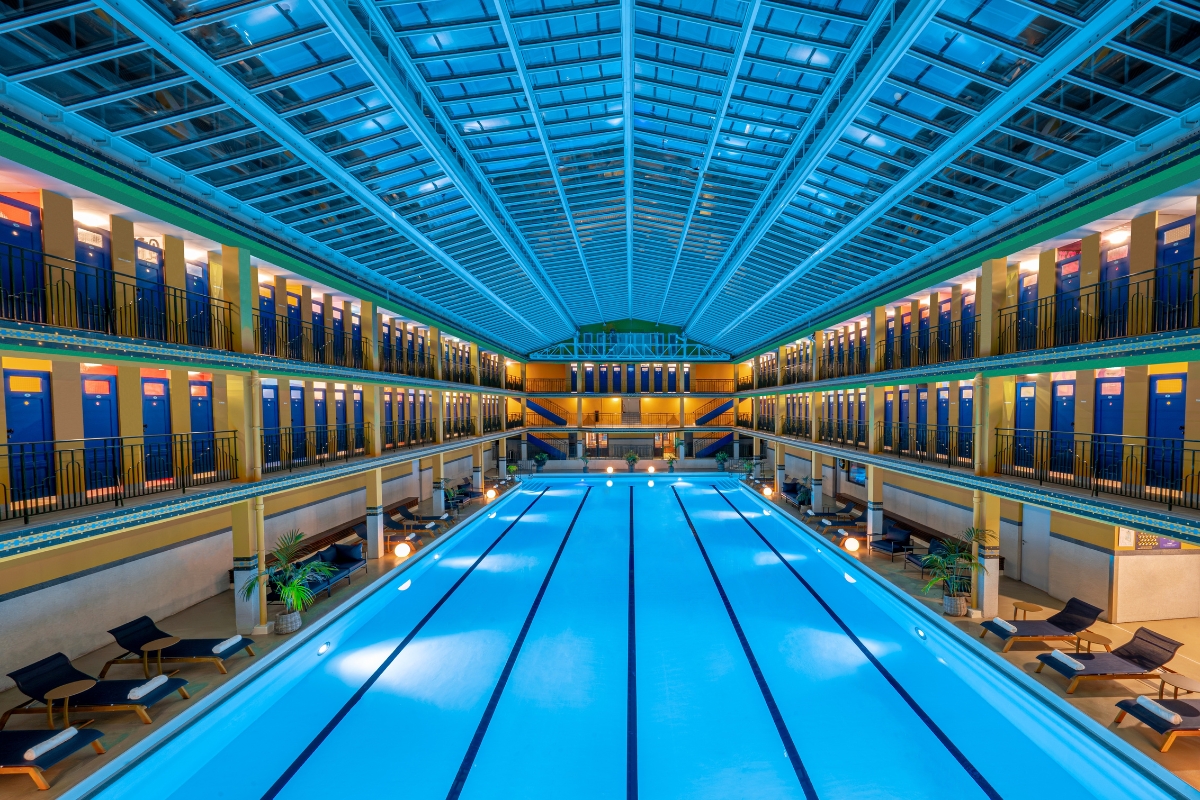 a swimming pool inside a building