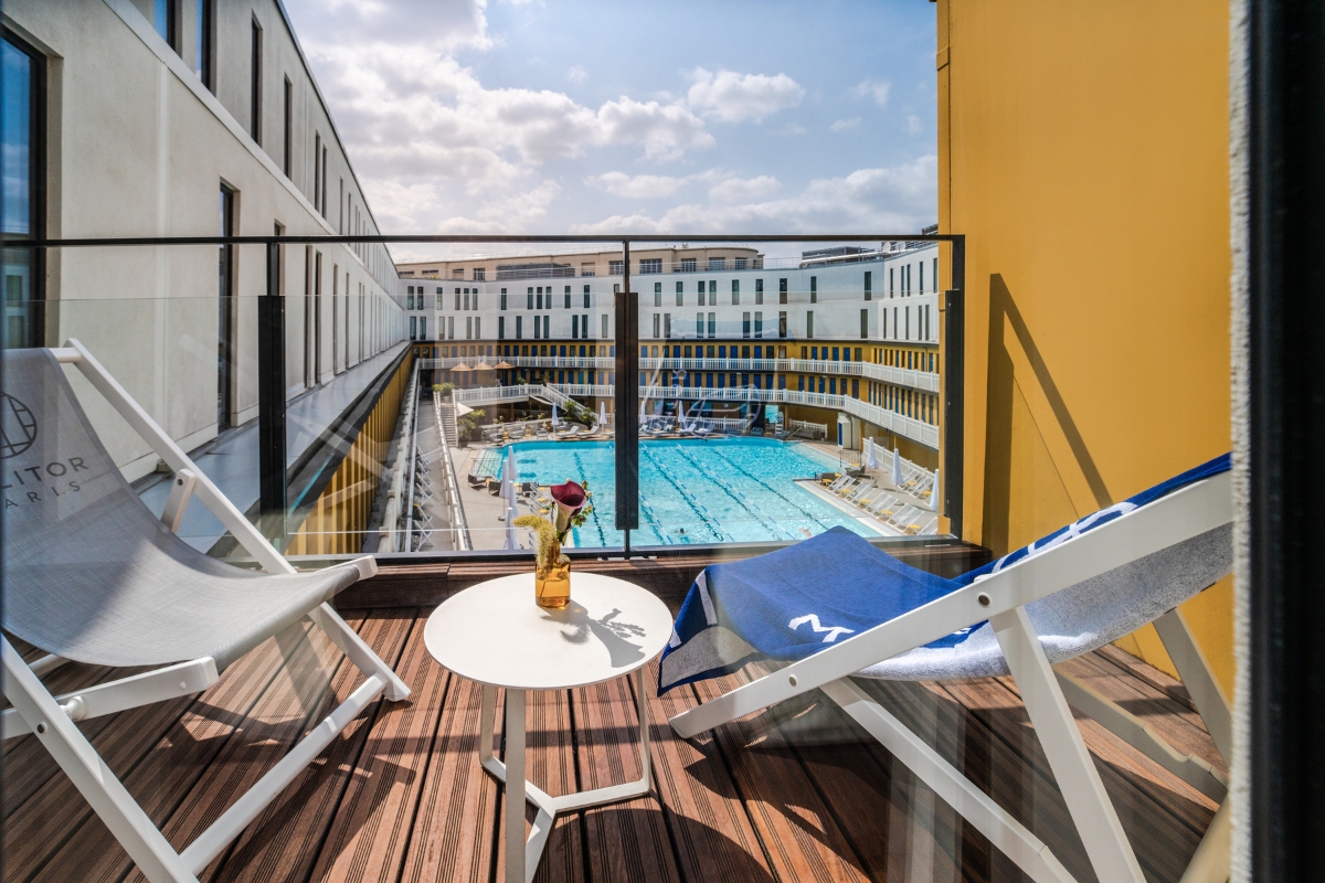 a pool in the background
