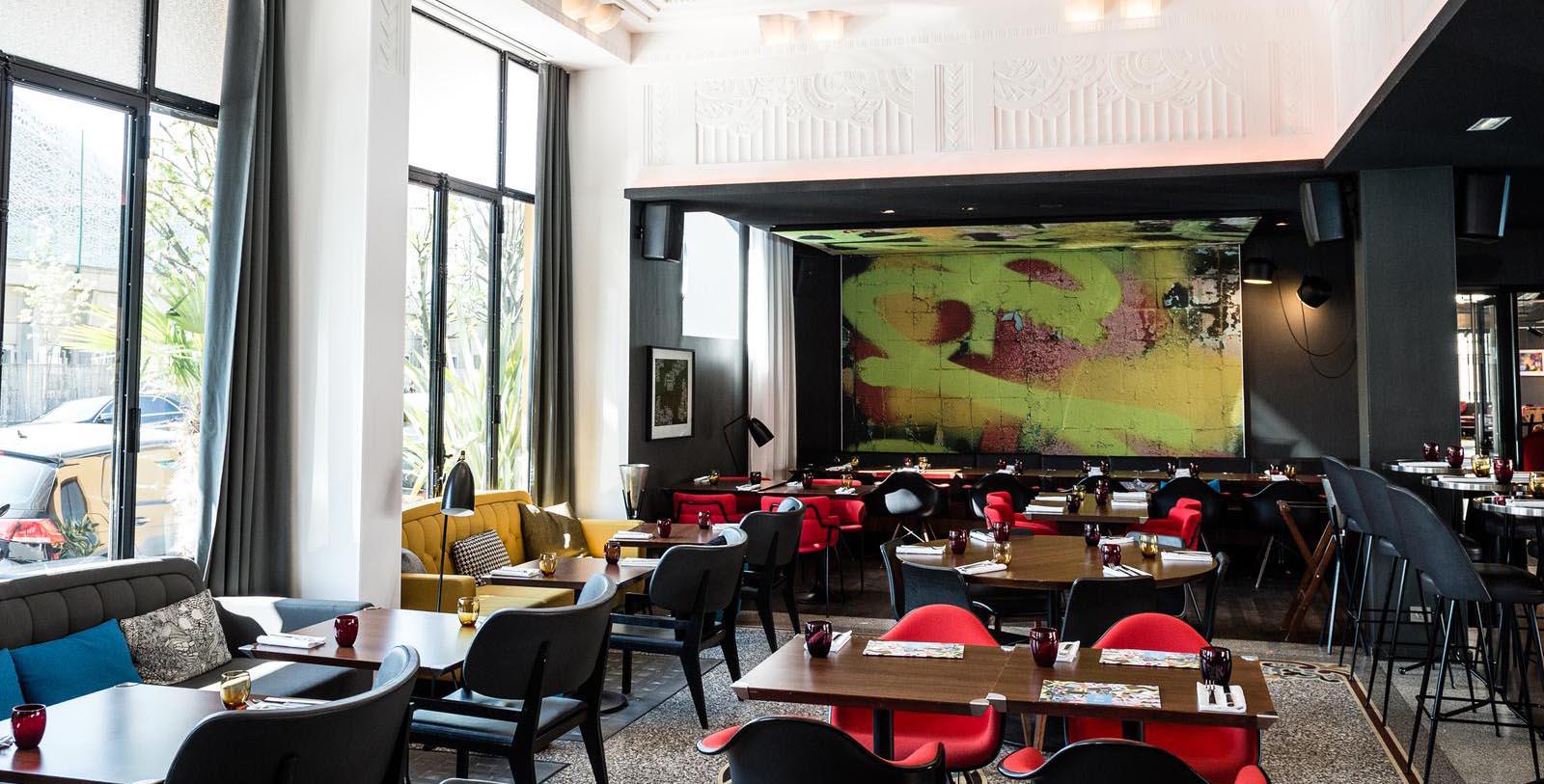 a room with tables and chairs
