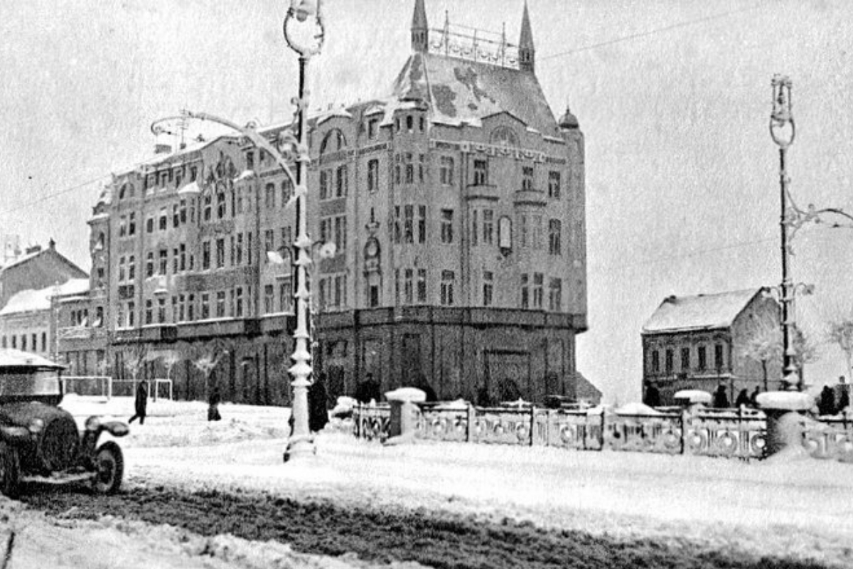a building with snow on the ground