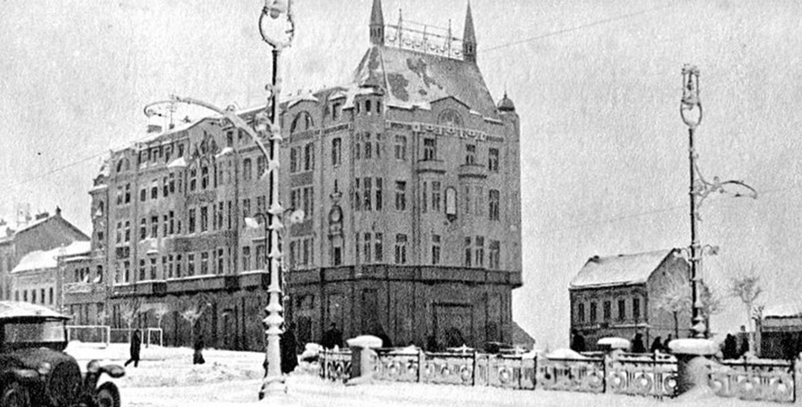 a building with snow on the ground