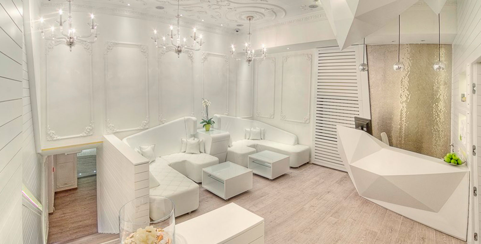 a white room with white furniture