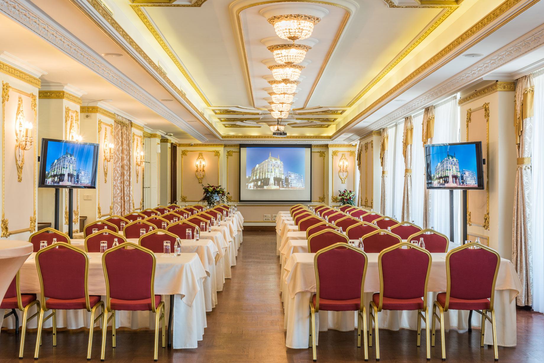a room with tables and chairs