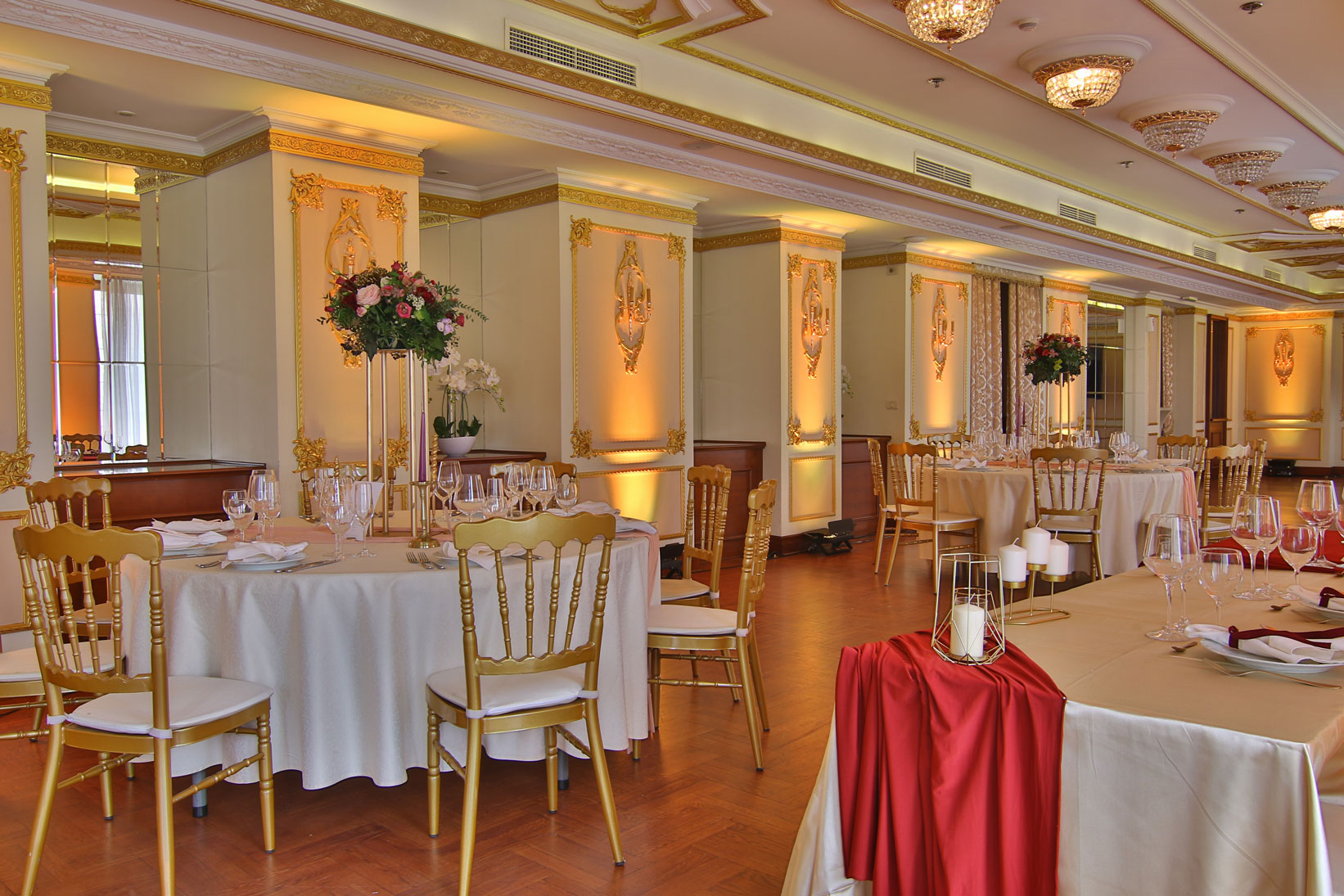 a room with tables and chairs