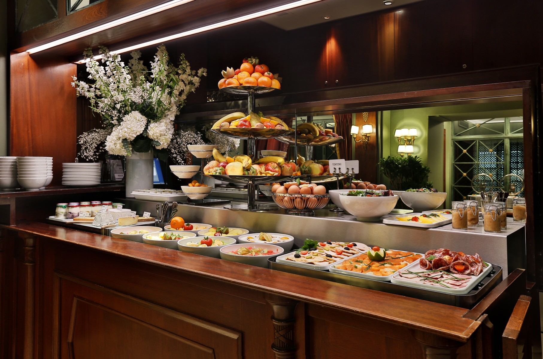 a buffet with food on it